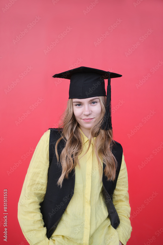 Young beautiful blond female in graduation cap with emotional facial expression on red background. Happy to finish school, college or university High quality photo Young beautiful blond female in graduation cap with emotional facial expression on red background. Happy to finish school, college or university High quality photo