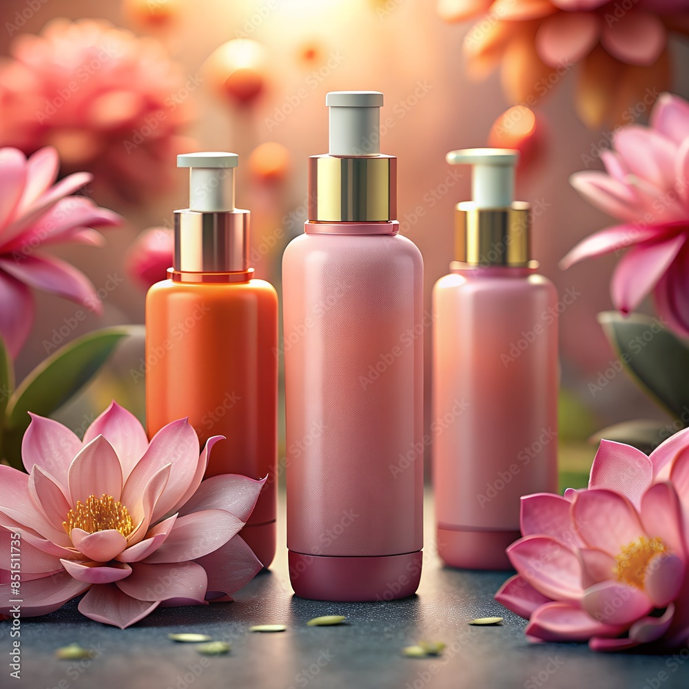beautiful clean bottles for promotional items, vials, for labels, for filming, among flowers beautiful clean bottles for promotional items, vials, for labels, for filming, among flowers