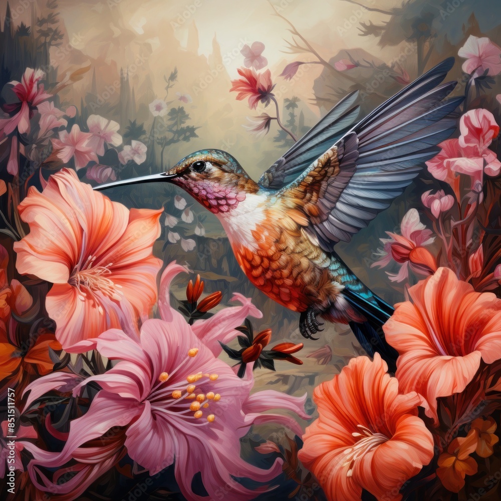 Fototapeta premium A hummingbird is flying in front of some flowers