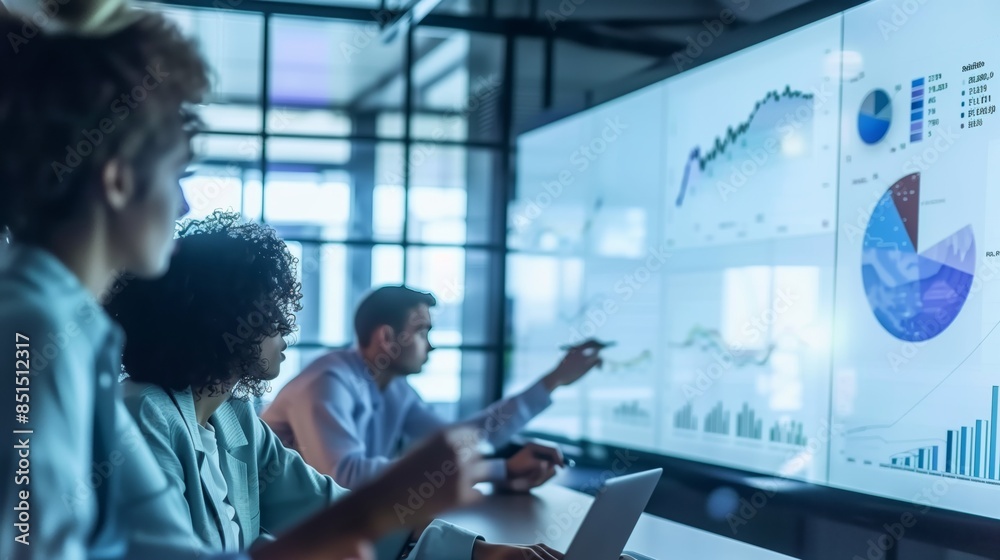 Young professionals analyze mutual fund strategies on a large whiteboard, fostering collaborative decisions. Young professionals analyze mutual fund strategies on a large whiteboard, fostering collaborative decisions.