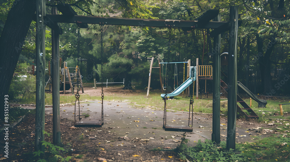 A nostalgic playground with old swings and slides.
A nostalgic playground with old swings and slides.