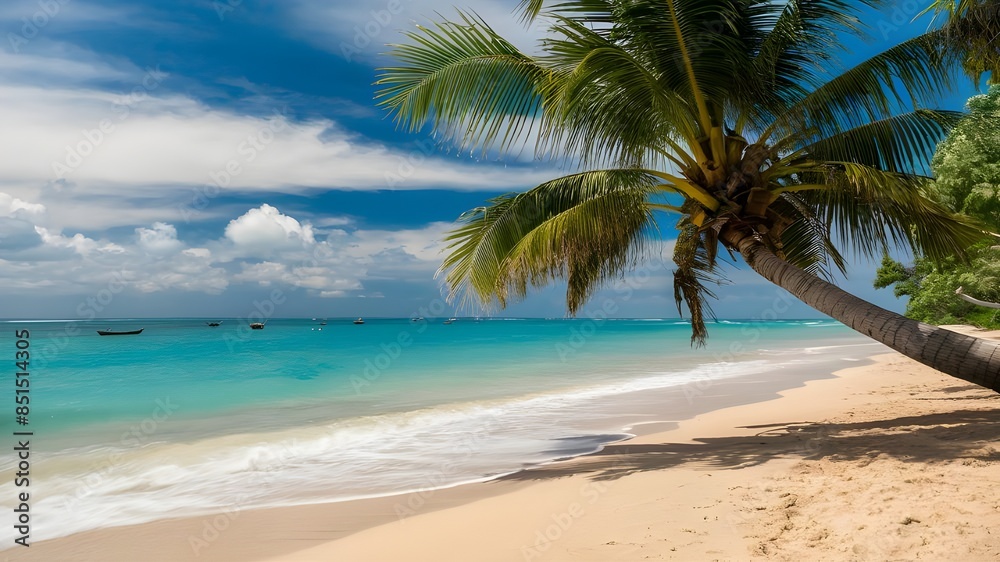 beautiful beach with palm trees and a beautiful mountain with a cloudy sky.