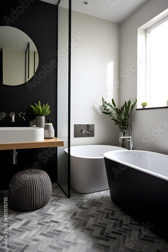 Modern luxury bathroom interior in black and white colors