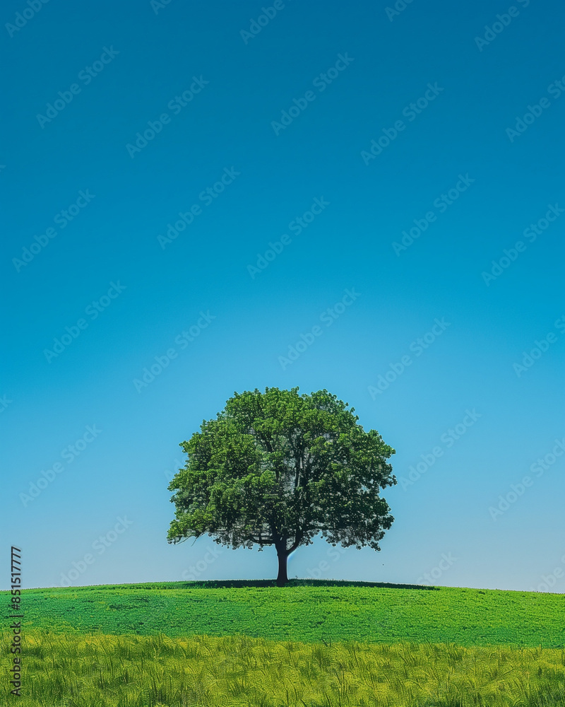 bold image of a low angle shot focusing on a single strong, lush tree on an open vibrant field under a clear, clean and calm blue sky in daylight. The vibrant greens, blues and the serene solitude bold image of a low angle shot focusing on a single strong, lush tree on an open vibrant field under a clear, clean and calm blue sky in daylight. The vibrant greens, blues and the serene solitude