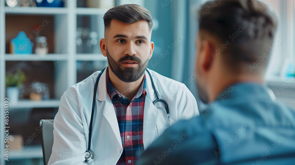 A young male doctor gives advice, advice, recommendation to the patient, explains, explains the treatment, the results of the examination at the reception. A young male doctor gives advice, advice, recommendation to the patient, explains, explains the treatment, the results of the examination at the reception.