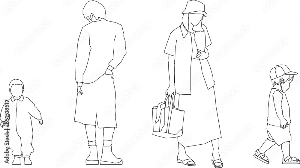 Vector silhouette illustration sketch of activity image of small family with children playing Vector silhouette illustration sketch of activity image of small family with children playing