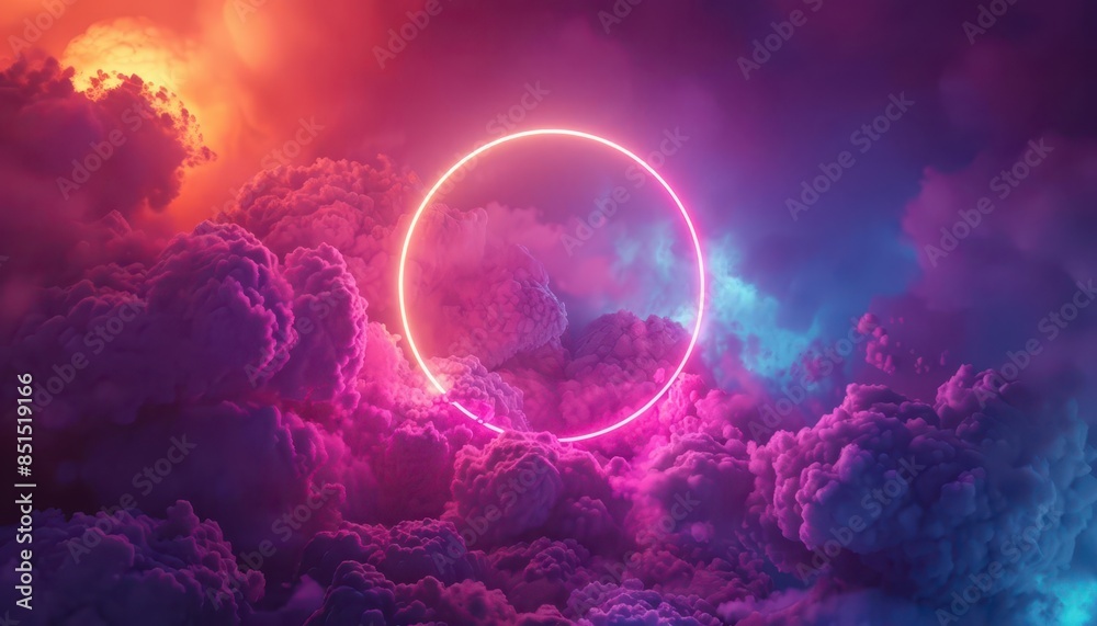 abstract neon ring illuminated on colorful cloudy background 3d render abstract neon ring illuminated on colorful cloudy background 3d render