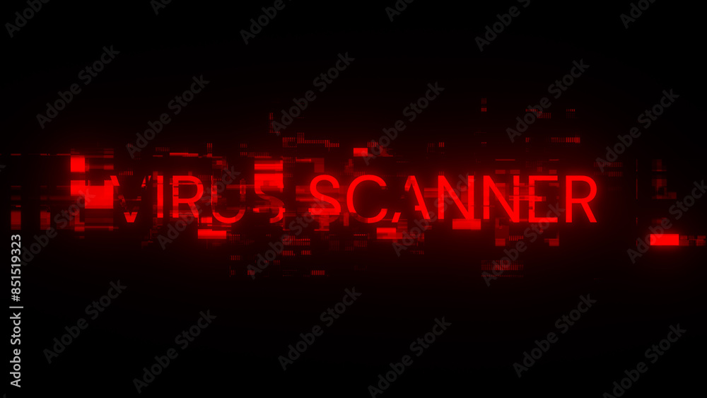 3D rendering virus scanner text with screen effects of technological glitches