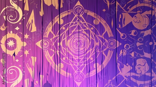 Purpleheart wood with mystical symbols. Amazing anime background. photo