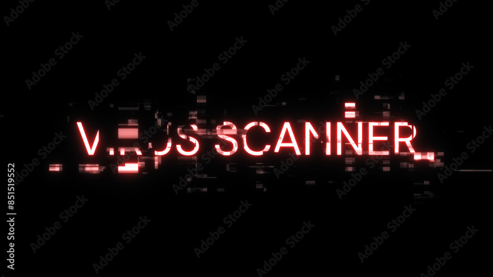 3D rendering virus scanner text with screen effects of technological glitches