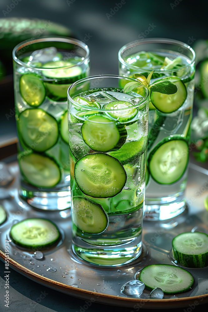 Cucumber Water, served in a glass with sliced cucumbers added. Cucumber Water, served in a glass with sliced cucumbers added.