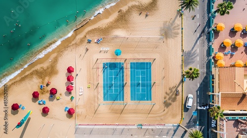 Aerial view of two beach tennis courts on sandy beach.