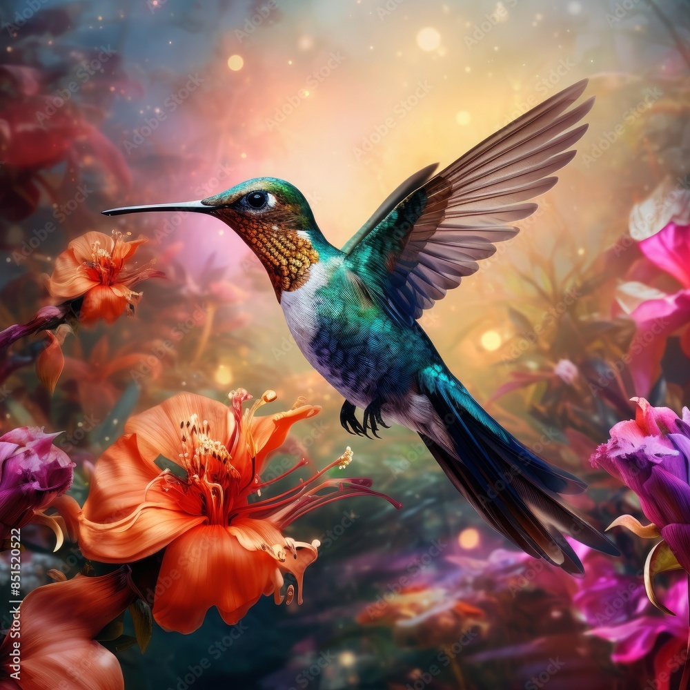 A hummingbird in flight in close-up, against a background of a tropical colorful forest and plants drinking flower nectar. Generative AI A hummingbird in flight in close-up, against a background of a tropical colorful forest and plants drinking flower nectar. Generative AI