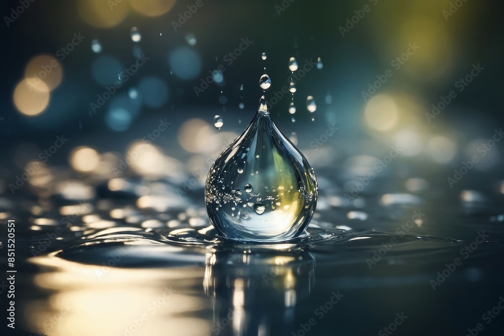 custom made wallpaper toronto digitalA close-up of a water droplet splashing into a surface of water, capturing the dynamic motion and reflection in a beautifully blurred background.