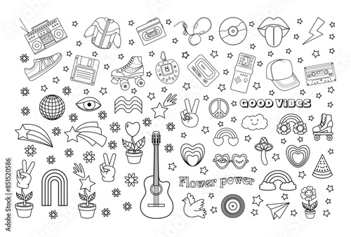 Groovy hippie 70s, classic y2k, 90s and 2000s aesthetic. Outline style set of vintage elements. Hand-drawn vector illustration.