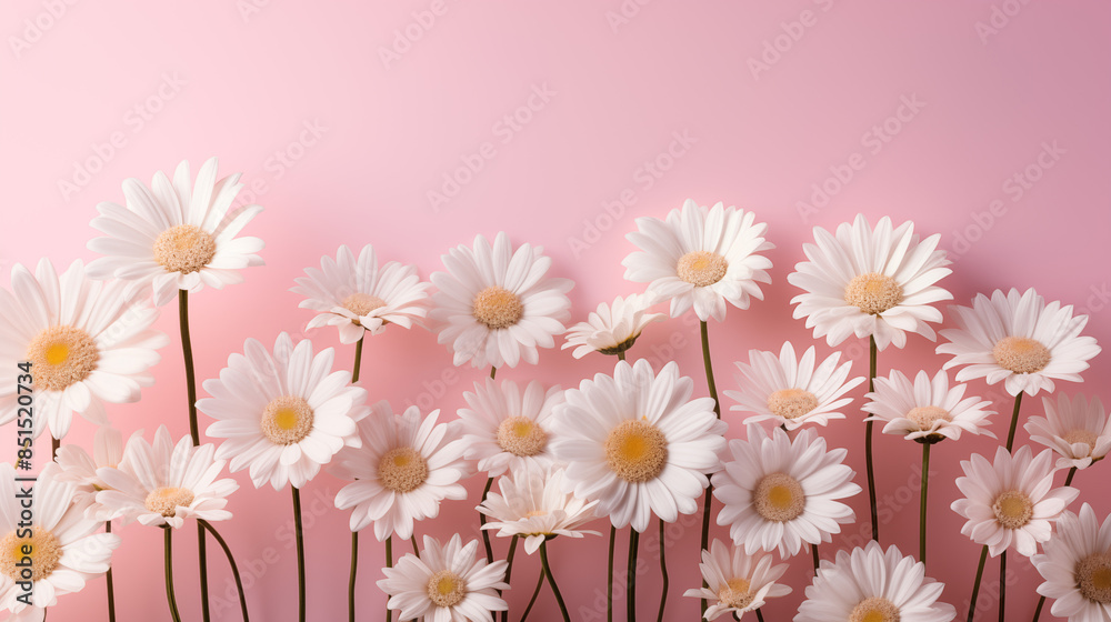 White daisy chamomile flowers on pale pink background White daisy chamomile flowers on pale pink background
