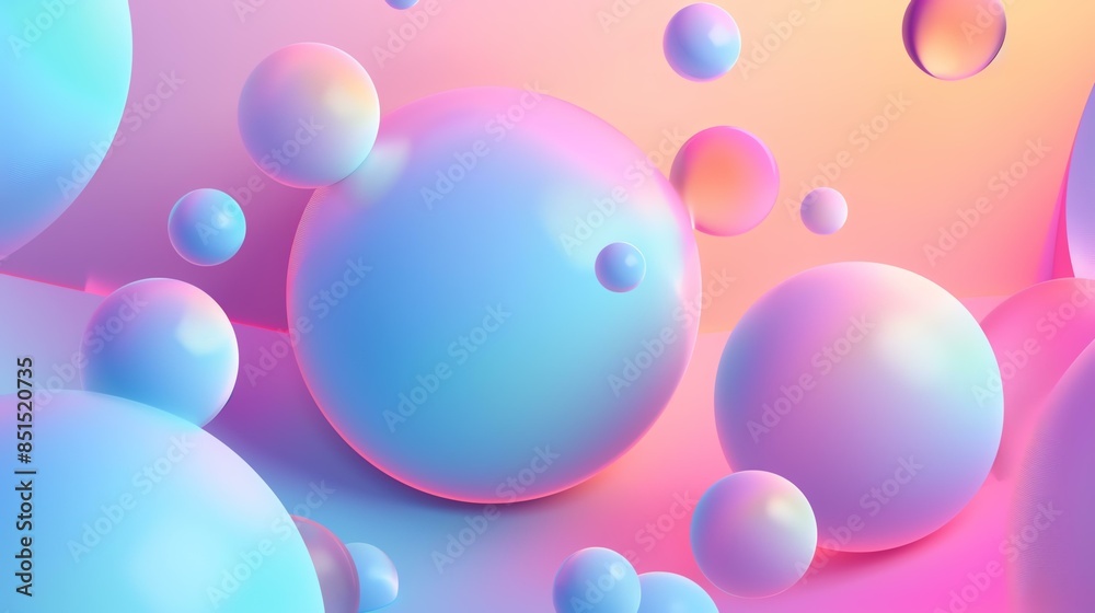 3D rendering of a pastel colored gradient background with floating iridescent spheres.