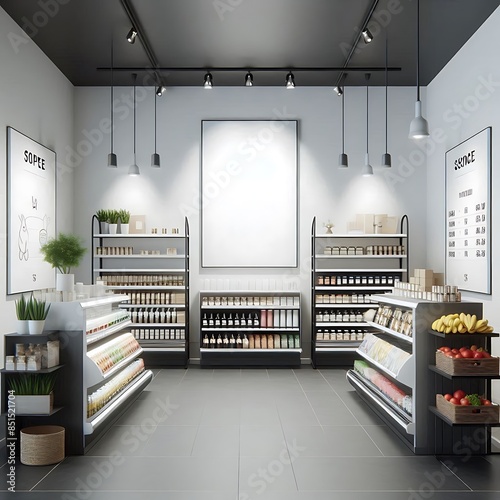 A store style interior set design poster mockup with shelves of food and fruits creative unique engaging creative. photo