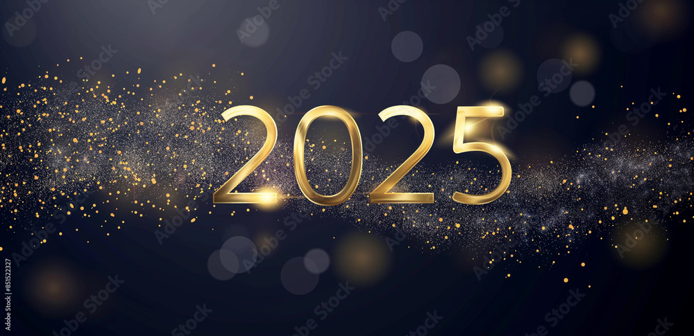 Fototapeta premium Vibrant Golden 2025 Surrounded by Colorful Fireworks on Dark Purple Background, Celebrating a Happy New Year in Elegant and Festive Style