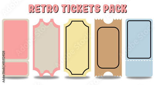 Set of blank colorful retro tickets of cinema, circus, events isolated on white background customizable vector illustration assets for graphic designers photo