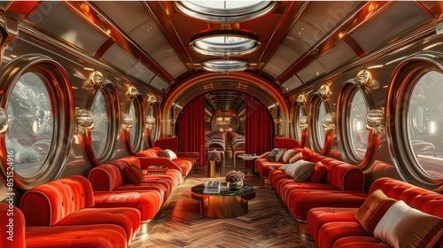 An interior design of an modern and elegant Art Deco style designed train carriage, 