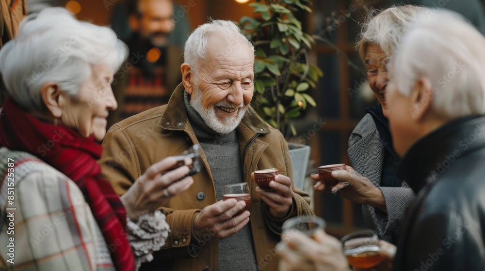 Elderly people at a tea tasting event, socializing and enjoying various blends Elderly people at a tea tasting event, socializing and enjoying various blends