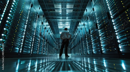An individual is seen from behind in a server room lined with illuminated green and blue racks photo