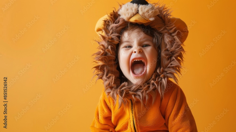 Little King of the Jungle: Adorable Toddler in Lion Costume Roars on an Orange Background with copy space Little King of the Jungle: Adorable Toddler in Lion Costume Roars on an Orange Background with copy space