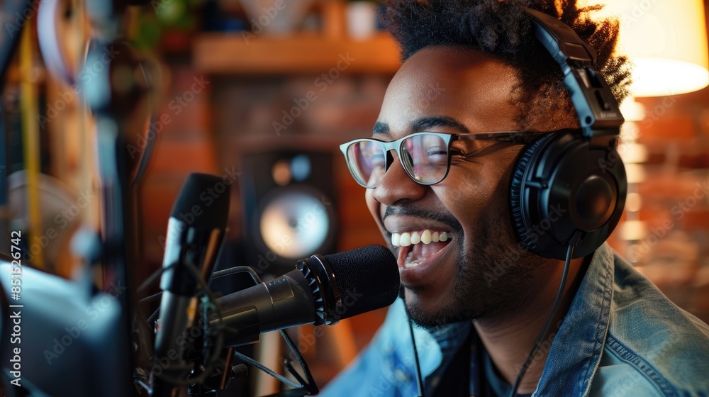 A podcaster smiling while speaking into the microphone, showing excitement A podcaster smiling while speaking into the microphone, showing excitement