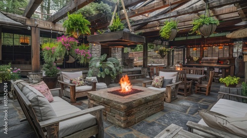rustic outdoor patio with wooden furniture, hanging plants, and a stone fire pit for cozy evening gatherings © Aeman