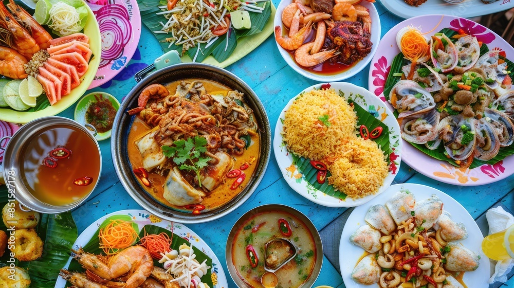 variety of street food dishes laid out on a colorful table variety of street food dishes laid out on a colorful table