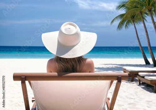 relax Rear back view of a young woman wearing a wide-brimmed hat and white bikini sitting on a sun lounger at tropical beach palm leaf, soft blurred, enjoy summer, Travel advertisement. © Unslux