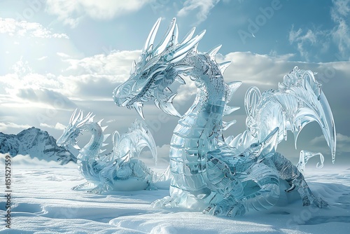 Three ice dragons stand on a frozen lake, with a majestic mountain range in the background.