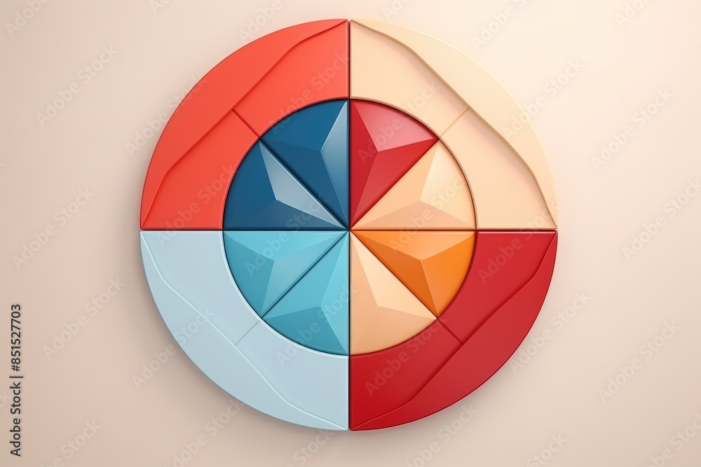 Fototapeta premium 3D-rendered pie chart with vibrant, colorful sections in red, blue, and beige tones. Abstract geometric design on a light background.