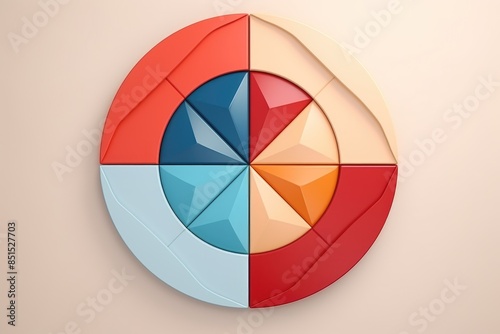 3D-rendered pie chart with vibrant, colorful sections in red, blue, and beige tones. Abstract geometric design on a light background.