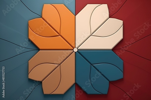 Abstract modern geometric design featuring symmetrical leaf patterns in contrasting colors of blue, orange, and red.