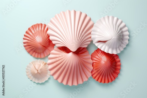 Colorful paper sea shells in shades of pink and red on a light blue background. Abstract ocean decoration with artistic design and beautiful texture.