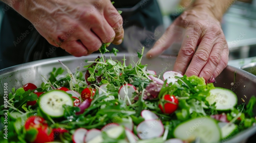 A chef's hands preparing a fresh salad, tossing mixed greens with slices of radishes, cucumbers, and cherry tomatoes, ready to serve. A chef's hands preparing a fresh salad, tossing mixed greens with slices of radishes, cucumbers, and cherry tomatoes, ready to serve.