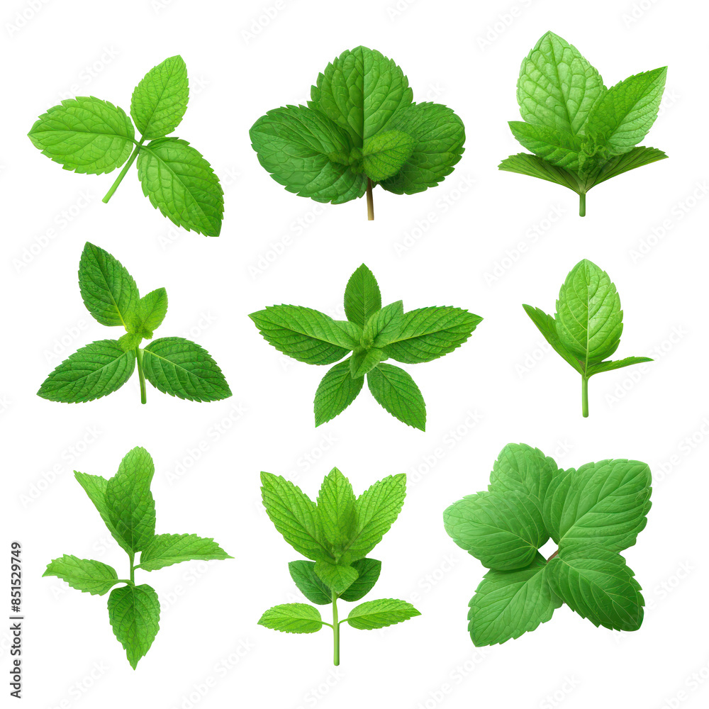 Collection of Green Mint Leaves. Assorted Fresh Mint Leaf Clusters on Isolated Background. Collection of Green Mint Leaves. Assorted Fresh Mint Leaf Clusters on Isolated Background.