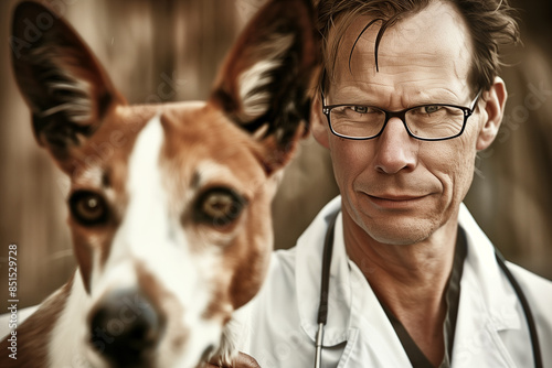 veterinarian man photo, focusing on careful and compassionate treatment, Modern Veterinary Clinic, veterinary doctor with a dog in a clinic