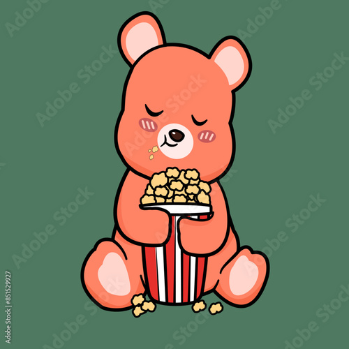 Clip art illustration of flat isolated cute teddy bear children cartoon character holding a bowl of delicious popcorn watching movie and snacking at cinema