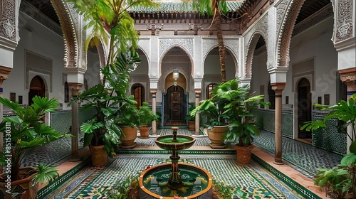 traditional moroccan house adorned with lush green plants and a fountain, featuring a brown pot and a wooden door photo