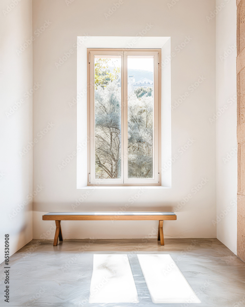 Fototapeta premium Window in an empty room in light brown color and minimal furniture. Residential Real Estate interior design composition.