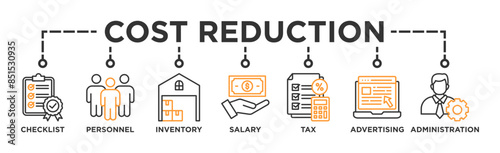 Cost reduction banner web icon glyph silhouette with icon of checklist, personnel, inventory, salary, tax, advertising and administration