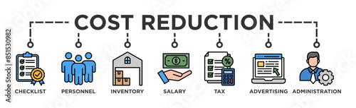 Cost reduction banner web icon glyph silhouette with icon of checklist, personnel, inventory, salary, tax, advertising and administration