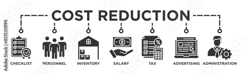 Cost reduction banner web icon glyph silhouette with icon of checklist, personnel, inventory, salary, tax, advertising and administration