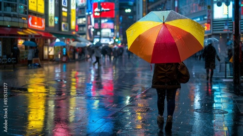 Wallpaper Mural A colorful umbrella in the rain, held by a person walking down a bustling city street, with reflections of lights on the wet pavement.  Torontodigital.ca