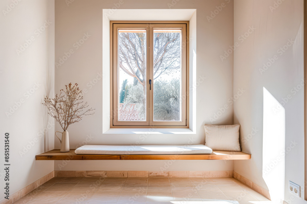 Fototapeta premium Window in an empty room in light brown color and minimal furniture. Residential Real Estate interior design composition.