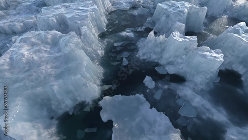 Camera flies over Icebergs in arctic environment. 3D render. photo