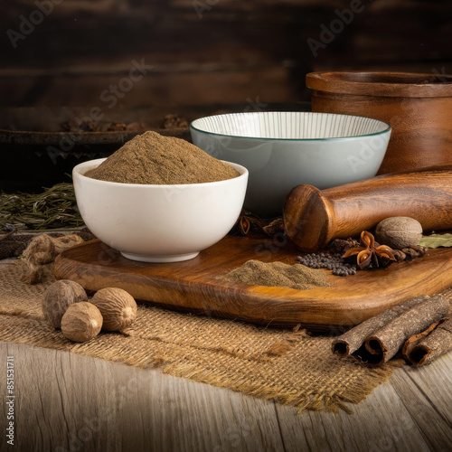 Fototapeta Naklejka Na Ścianę i Meble -  PEPPERCORNS BLACK GROUND on wooden table background. Herbs, spices and dried food baking ingredient. Mortar and different spices. Cottage kitchen. Product Photography